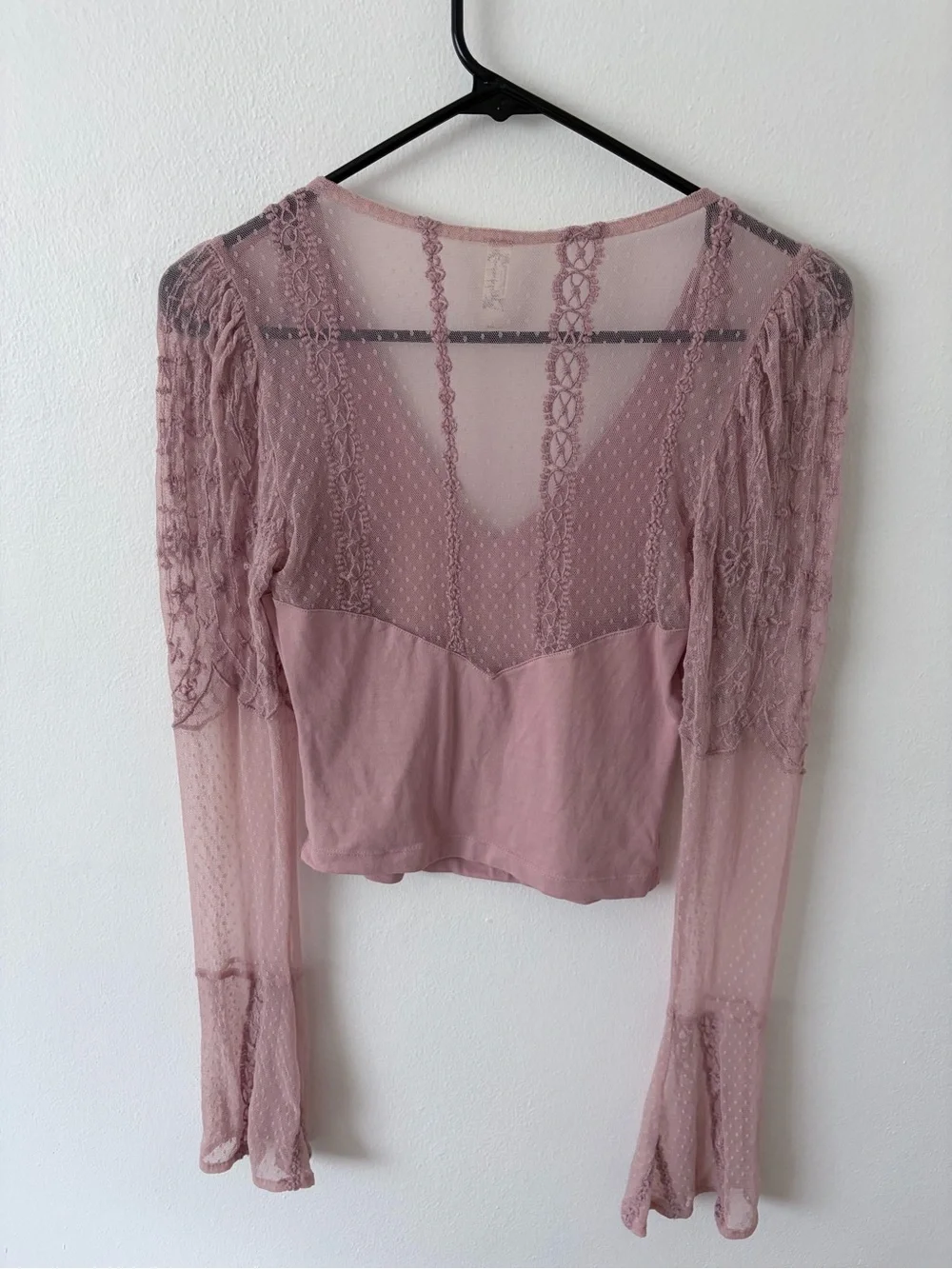 NWOT Free People Dusty Rose Lace & Mesh Long Sleeve Top